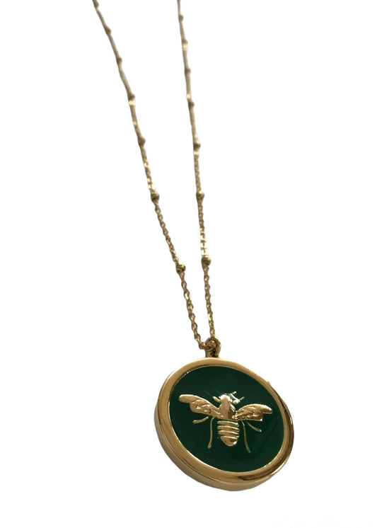 Green Gold Circular Bee Pendant Necklace