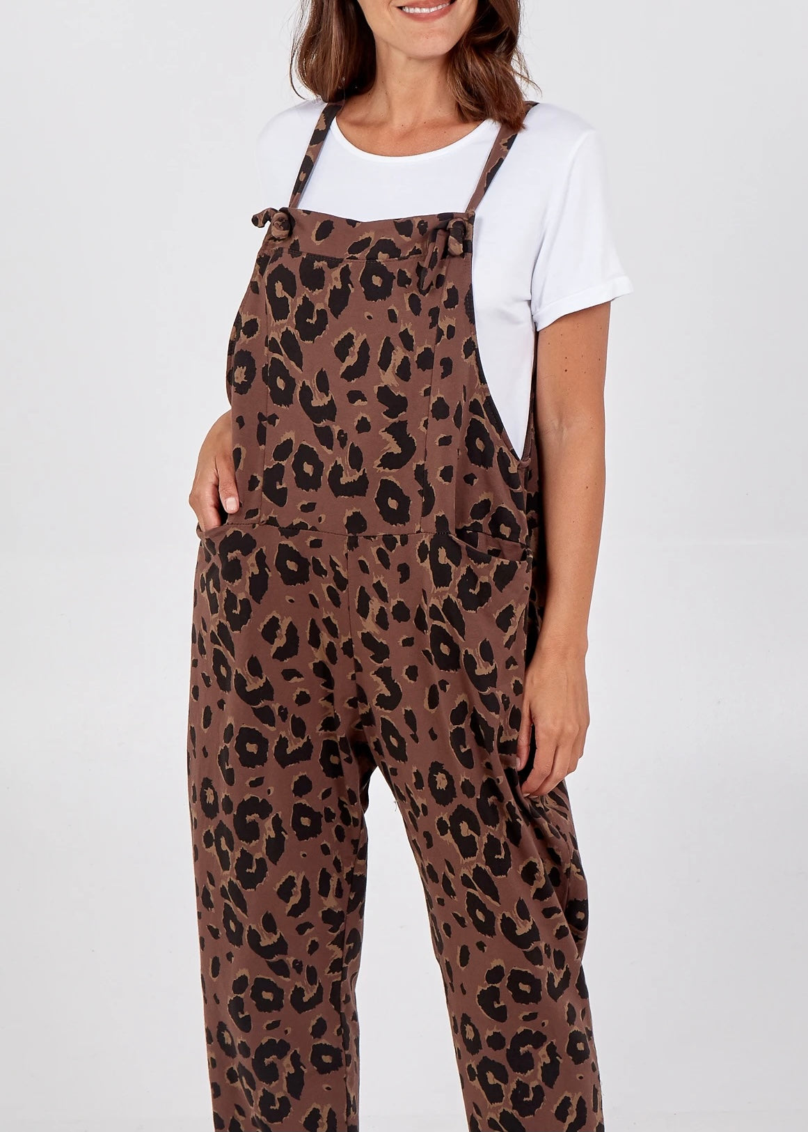 Porthleven Dungarees with pockets in brown with leopard print pattern and tie up straps