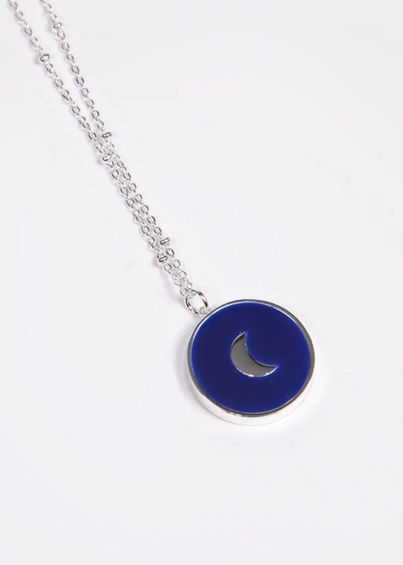 Navy Silver Circular Crescent Moon Pendant Necklace