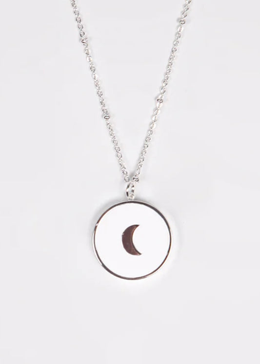 White Silver Circular Crescent Moon Pendant Necklace