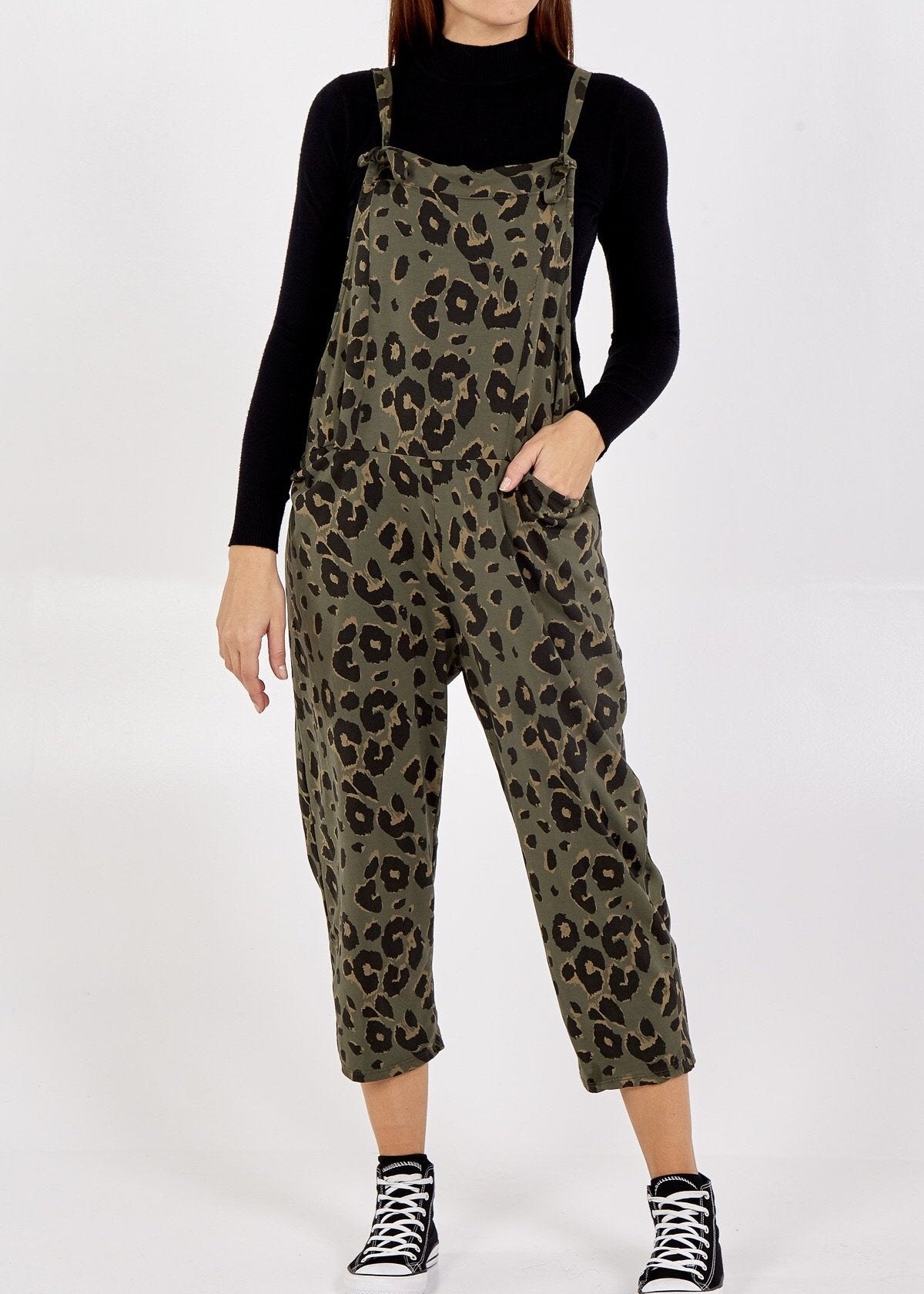 Porthleven Dungarees with pockets in khaki with leopard print pattern and tie up straps
