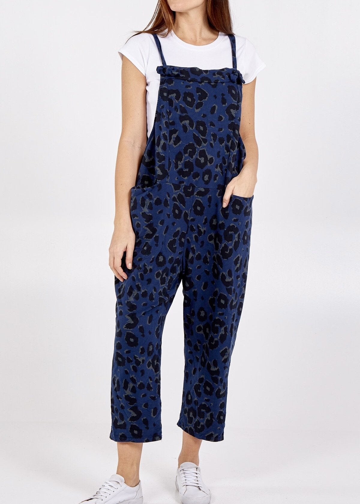 Porthleven Dungarees with pockets in navy with leopard print pattern and tie up straps