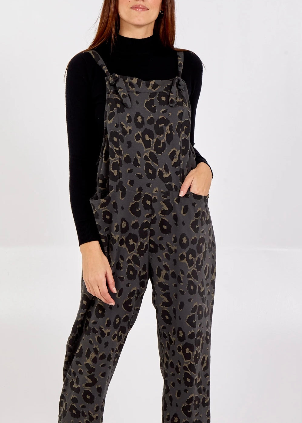 Porthleven Dungarees with pockets in charcoal with leopard print pattern and tie up straps