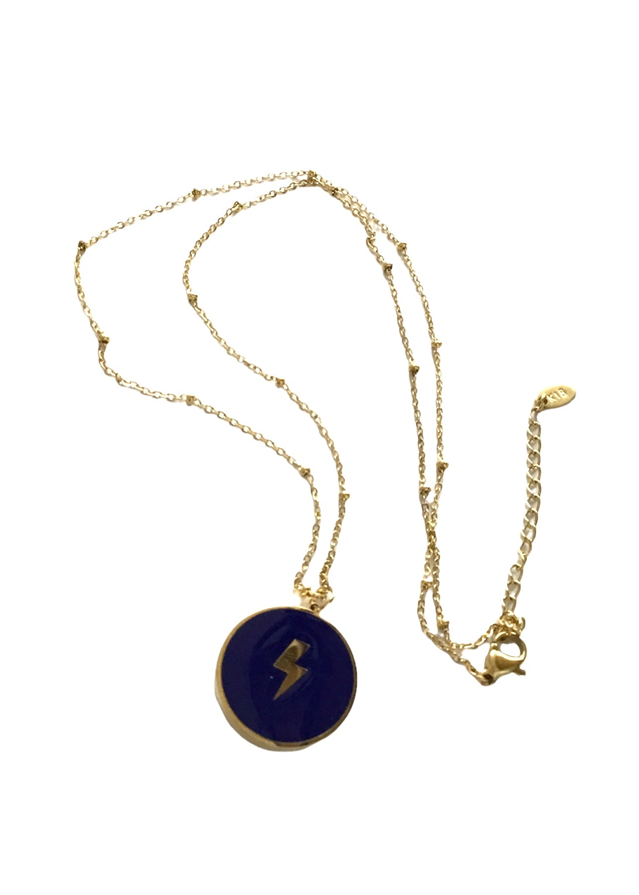 Navy Gold Circular Lightning Bolt Pendant Necklace