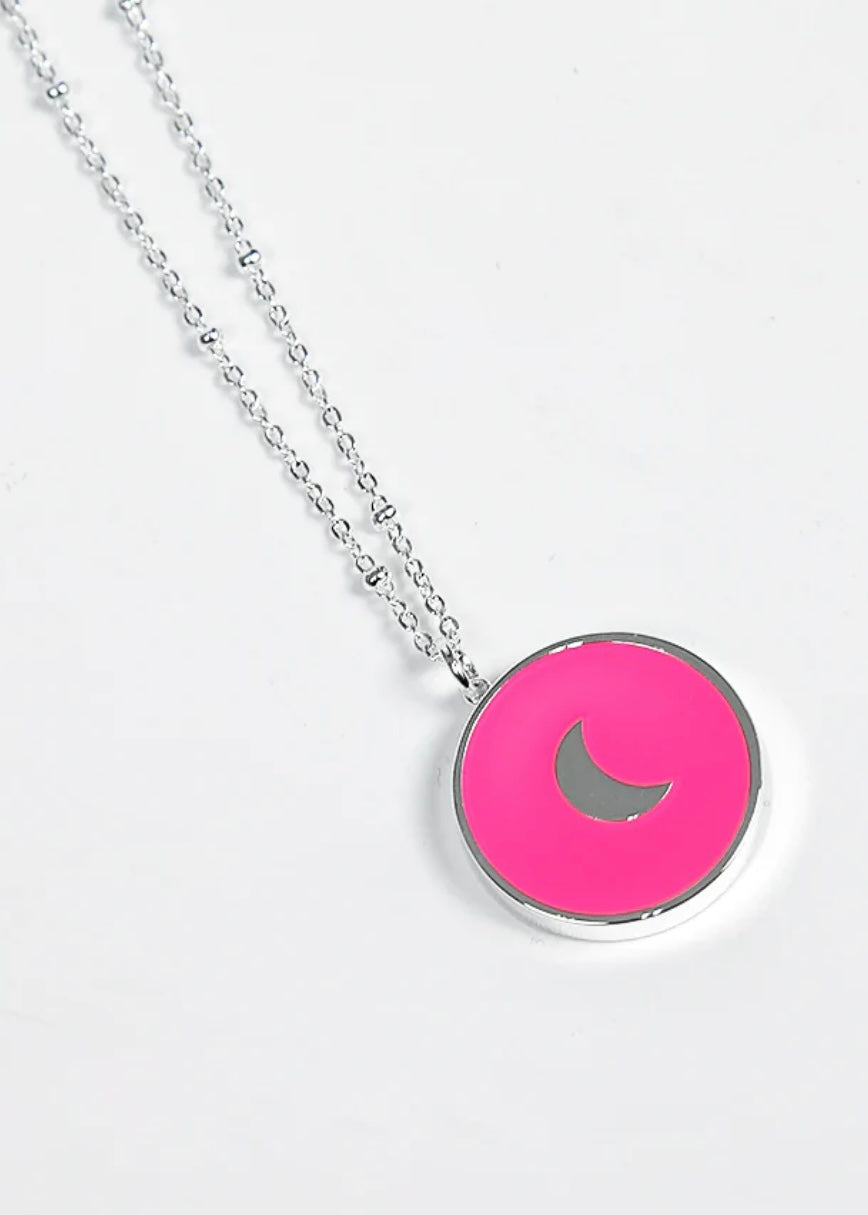 Pink Silver Circular Crescent Moon Pendant Necklace