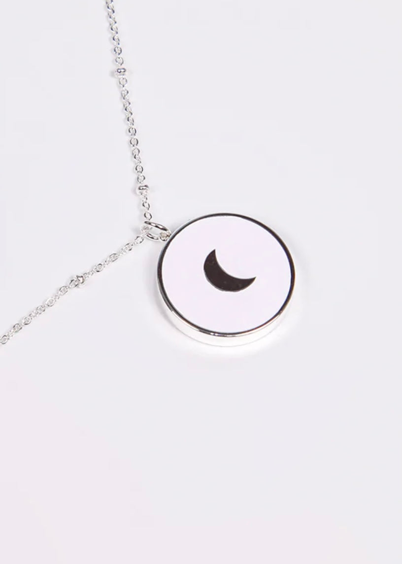 White Silver Circular Crescent Moon Pendant Necklace