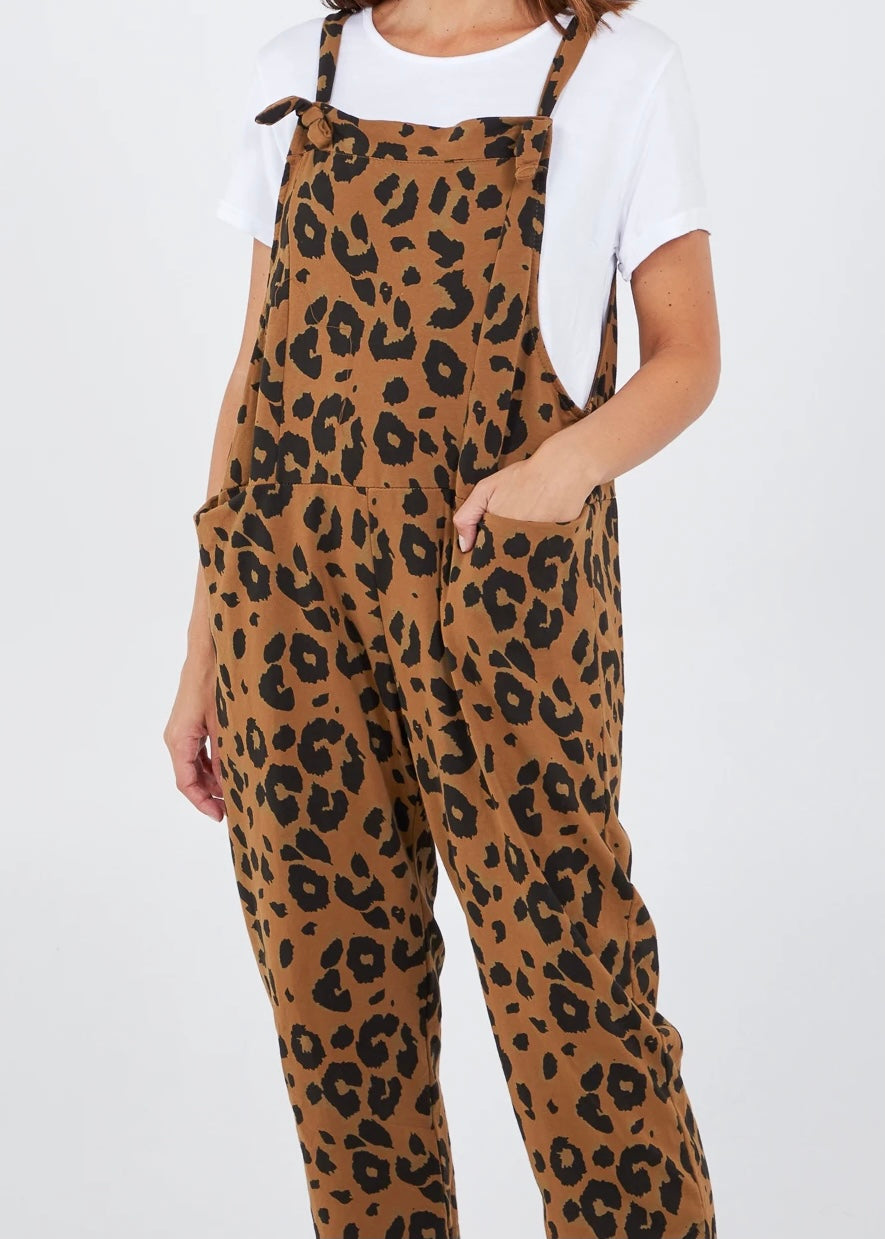 Porthleven Dungarees with pockets in camel with leopard print pattern and tie up straps