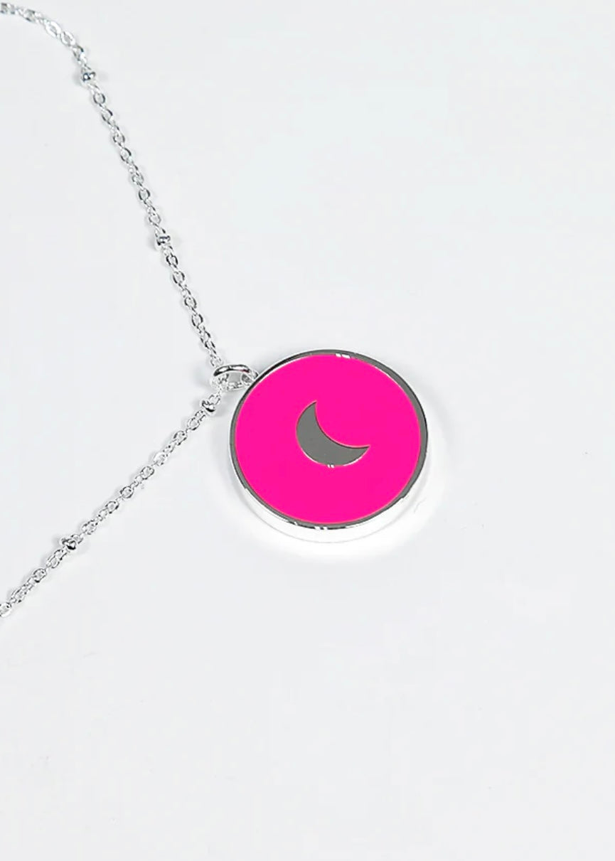 Pink Silver Circular Crescent Moon Pendant Necklace