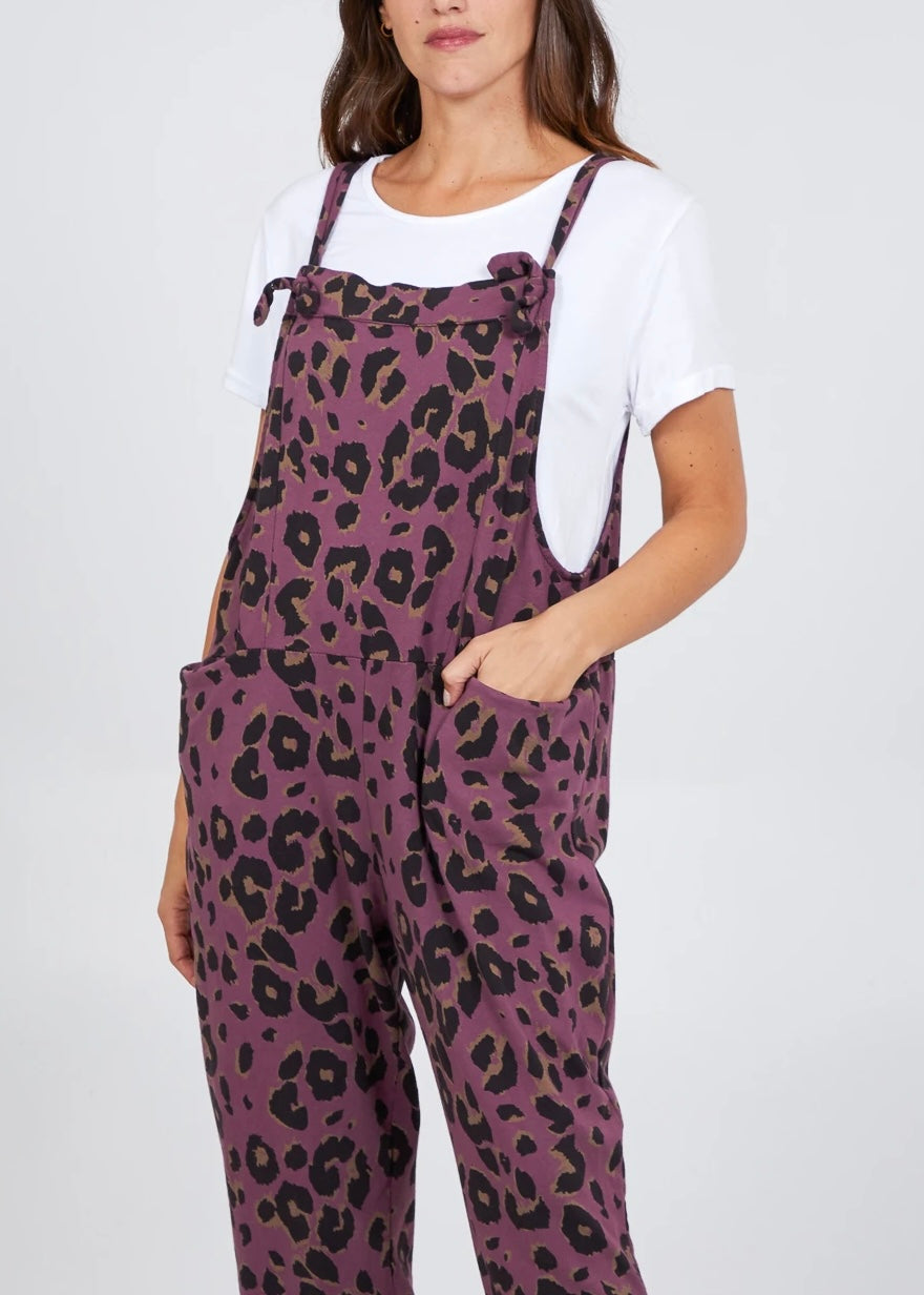 Porthleven Dungarees with pockets in blackcurrent with leopard print pattern and tie up straps