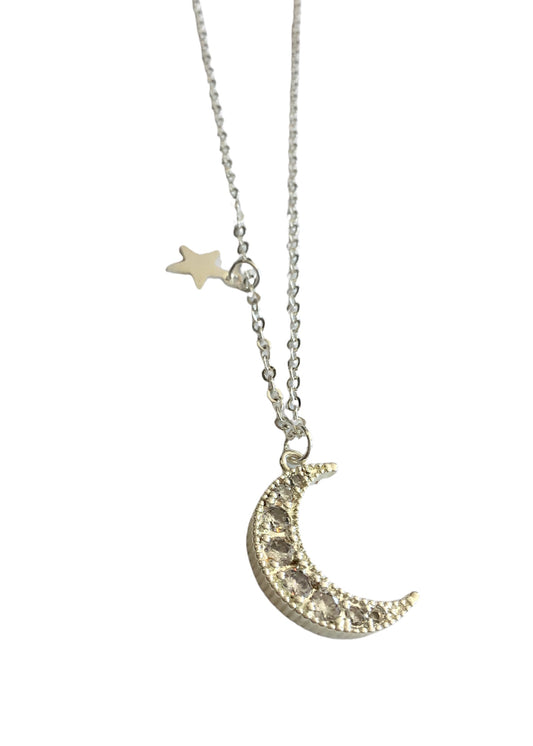 Silver Crescent Moon Charm Necklace with Small Star Pendant