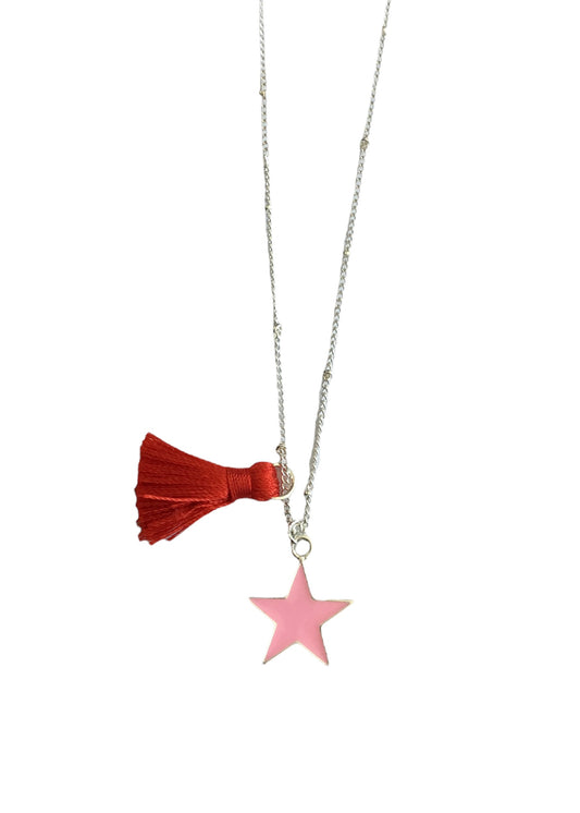 Silver plated Red Tassel Necklace with Pale Pink Star