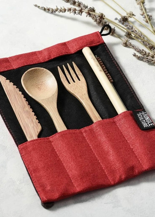 Jungle Culture Bamboo Cutlery Set in Natural Cotton Pouch | Berry (Red)