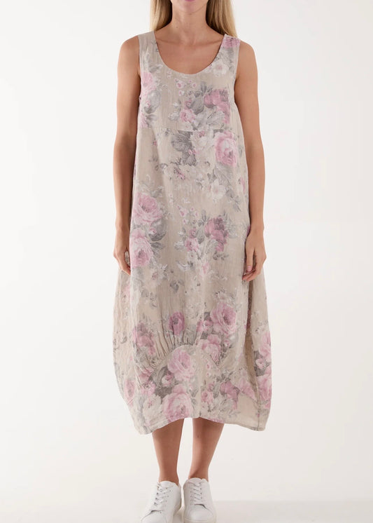Sands - Linen Roses Tunic Dress / Beige