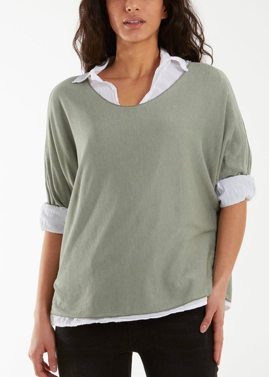 Sands - Fine Knit with Cotton Shirt / Khaki