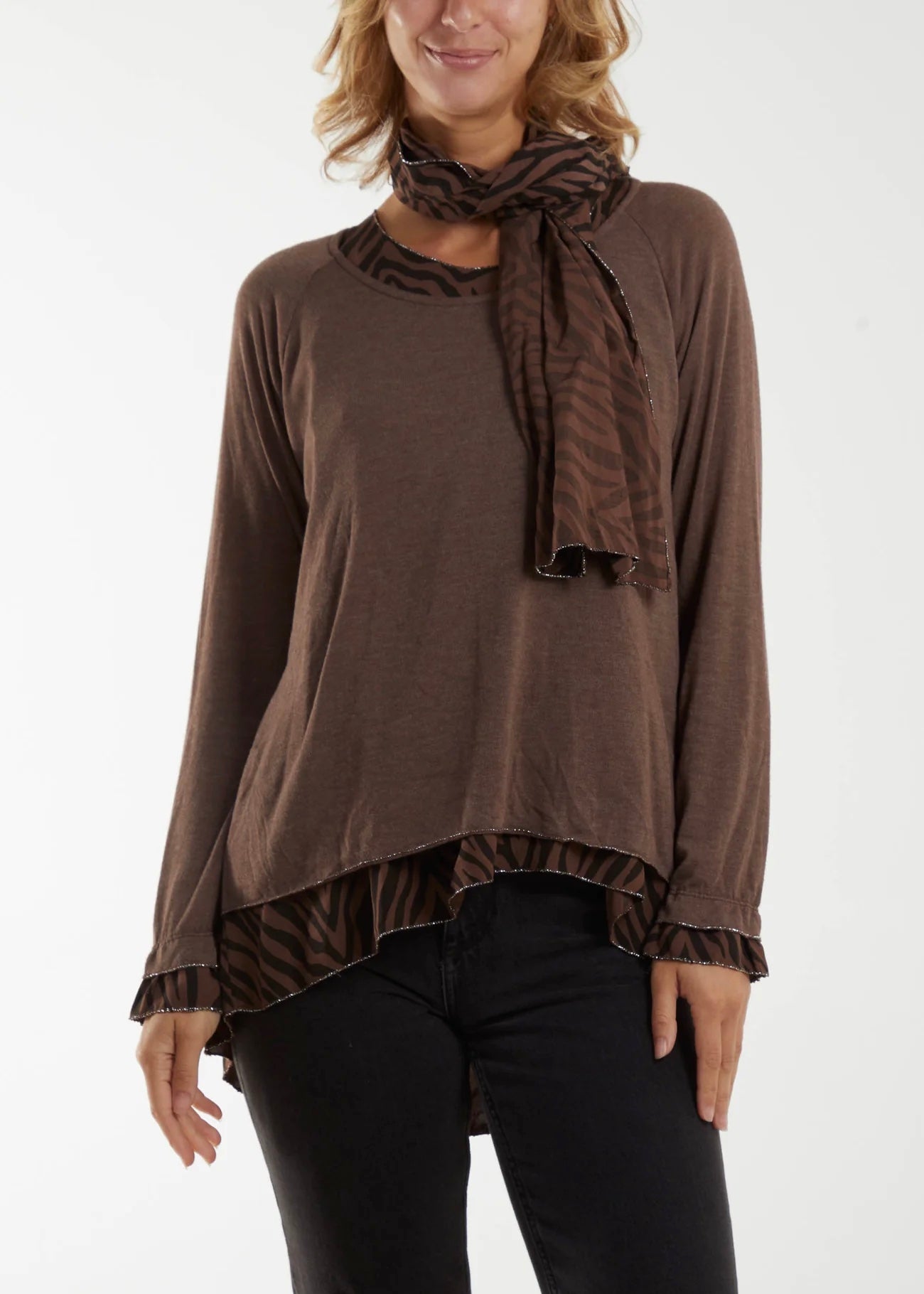 Sands - Double Layer Animal Print top with Scarf / Chocolate