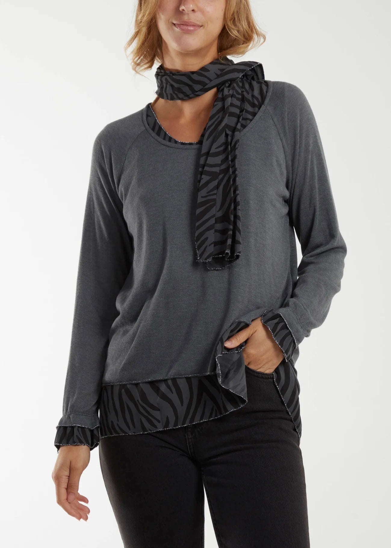 Sands - Double Layer Animal Print top with Scarf / Charcoal