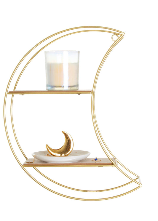 Metal moon shelf in gold with wood effect shelves