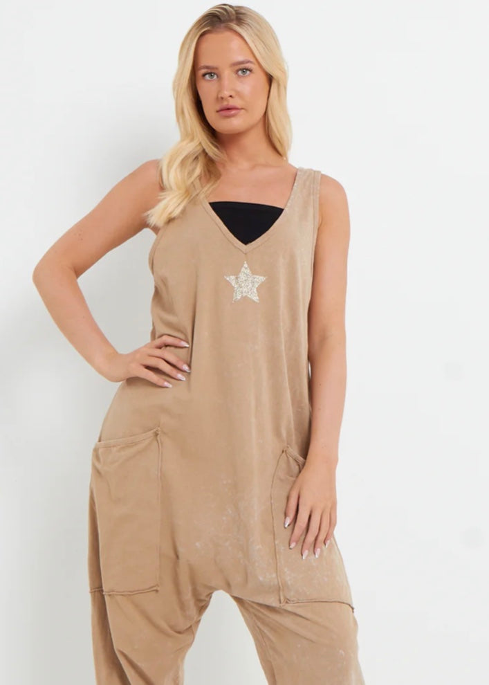 Sands - Washed Jersey Dungaree with Star / Tan