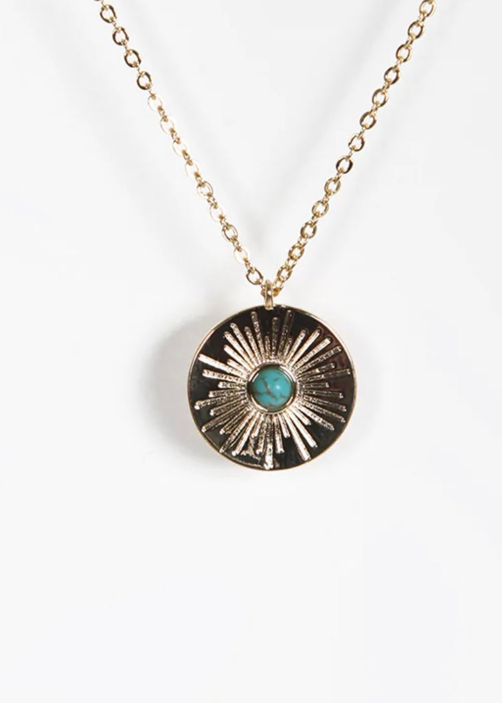 Gold Turquoise Coin Pendant Necklace Centre Stone