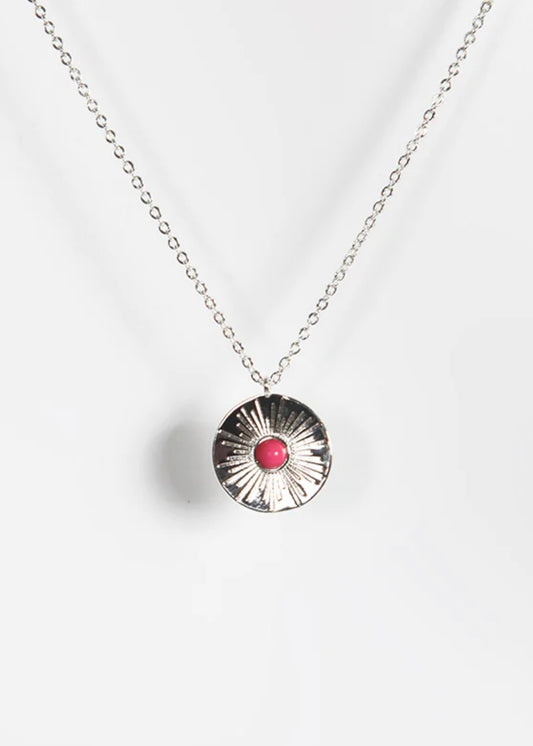 Silver Pink Coin Pendant Necklace Centre Stone