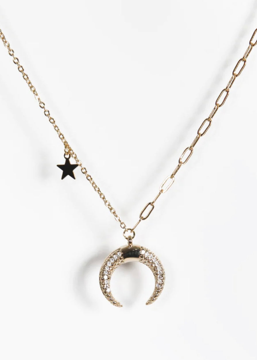 Gold Double Horn Charm Necklace with Small Star Pendant