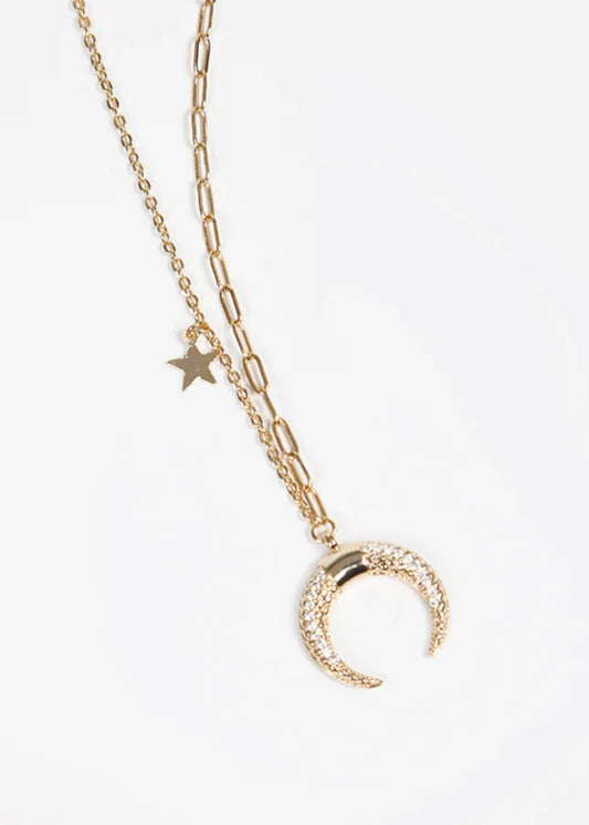 Gold Double Horn Charm Necklace with Small Star Pendant