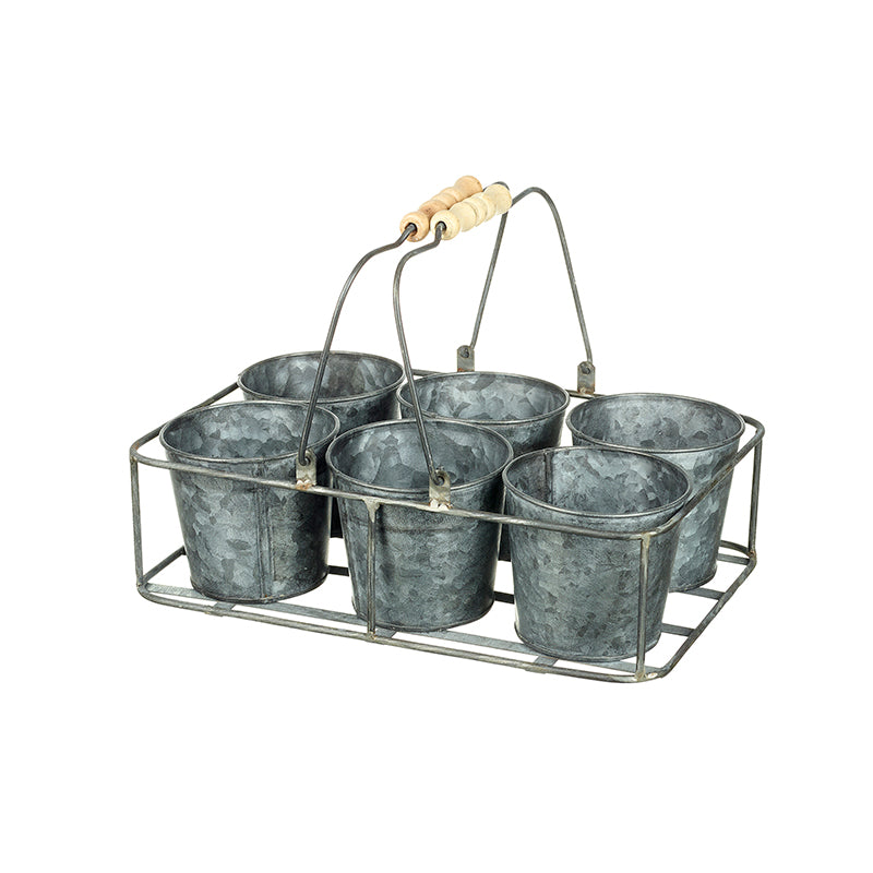 Set Of Zinc Pots In A Basket