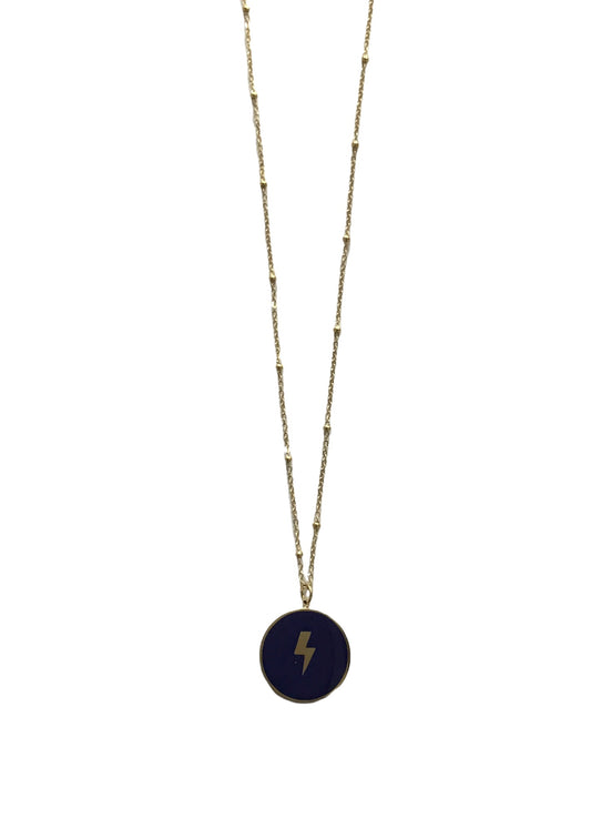 Navy Gold Circular Lightning Bolt Pendant Necklace