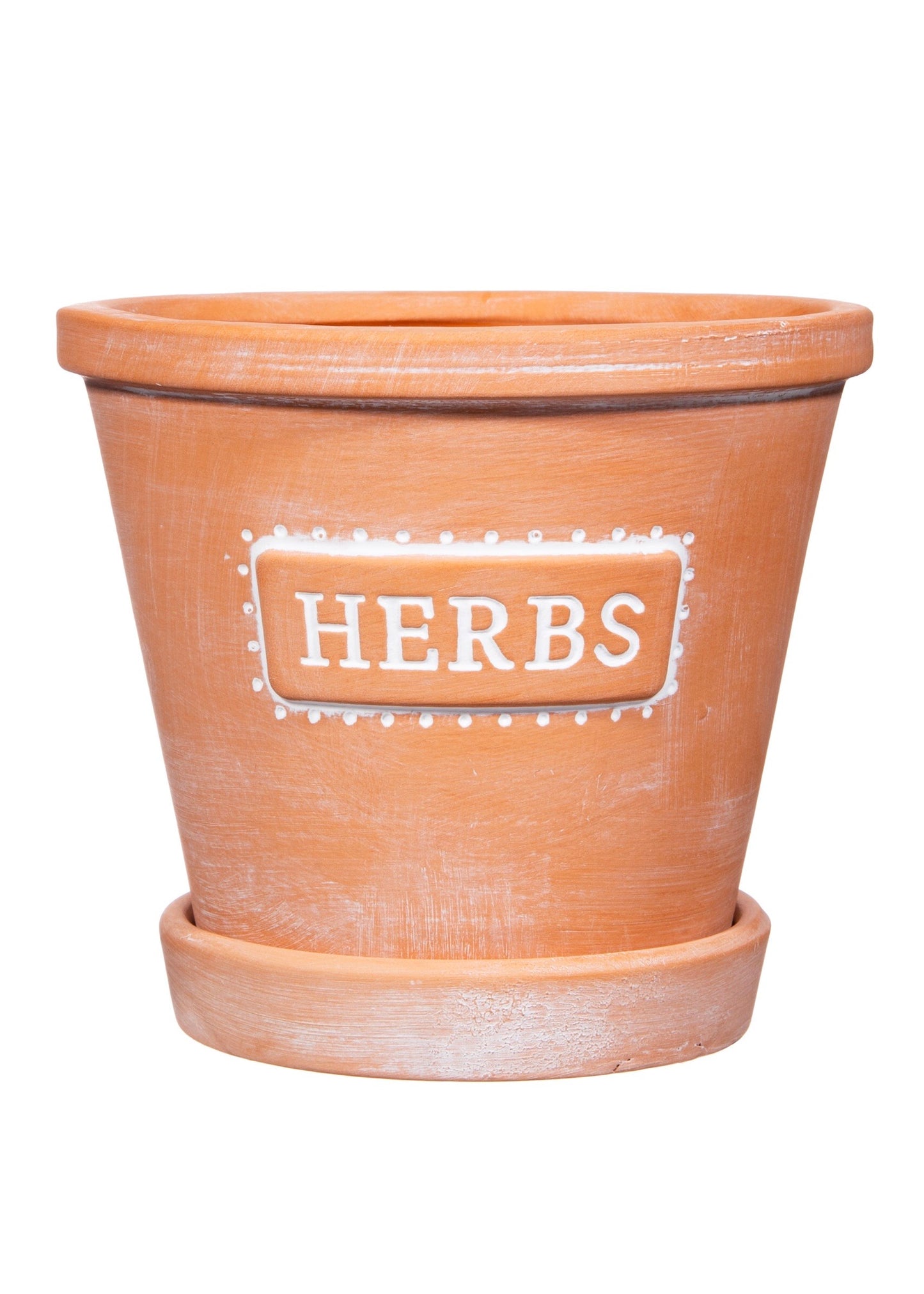 Terracota plantpot with herb written on front in white detailing