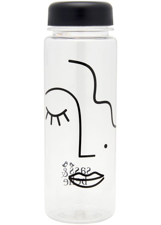 Clear water bottle with black abstract face 
