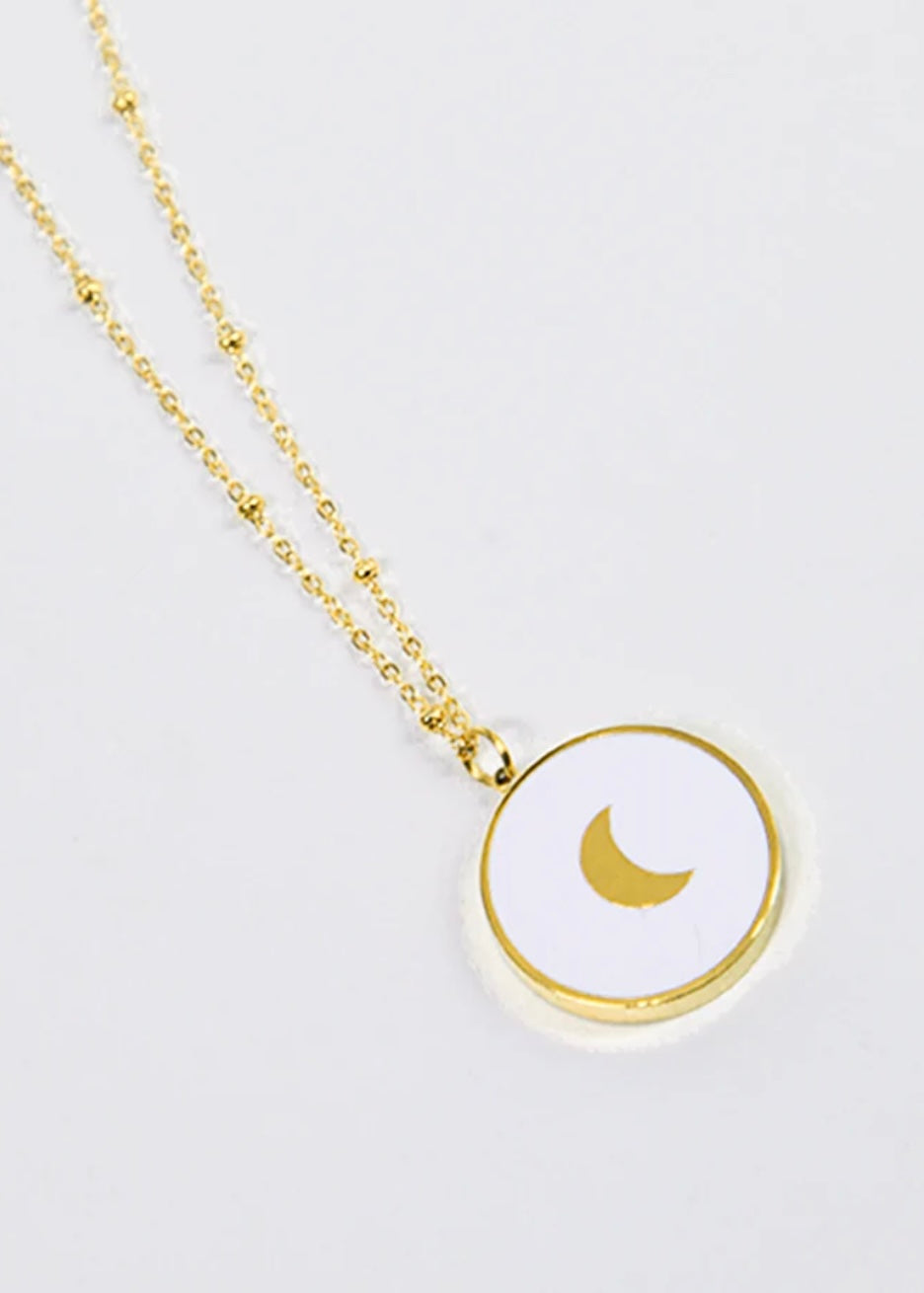 White Gold Circular Crescent Moon Pendant Necklace