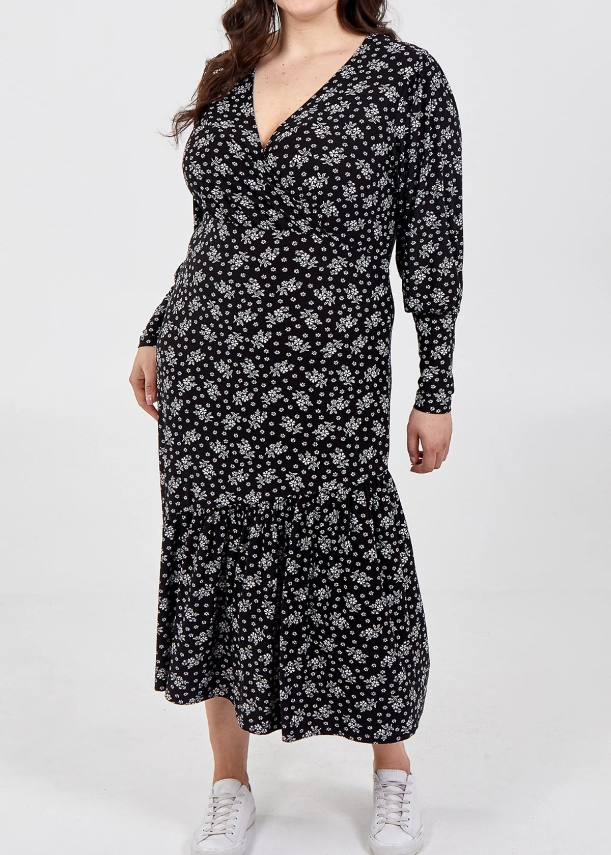 Sands smock midi dress in black with floral print and wrap style neckline 