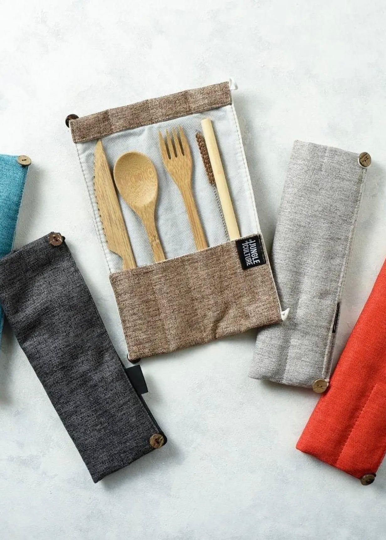 Jungle Culture Bamboo Cutlery Set (Brown) in Natural Cotton Pouch | Wooden Utensils