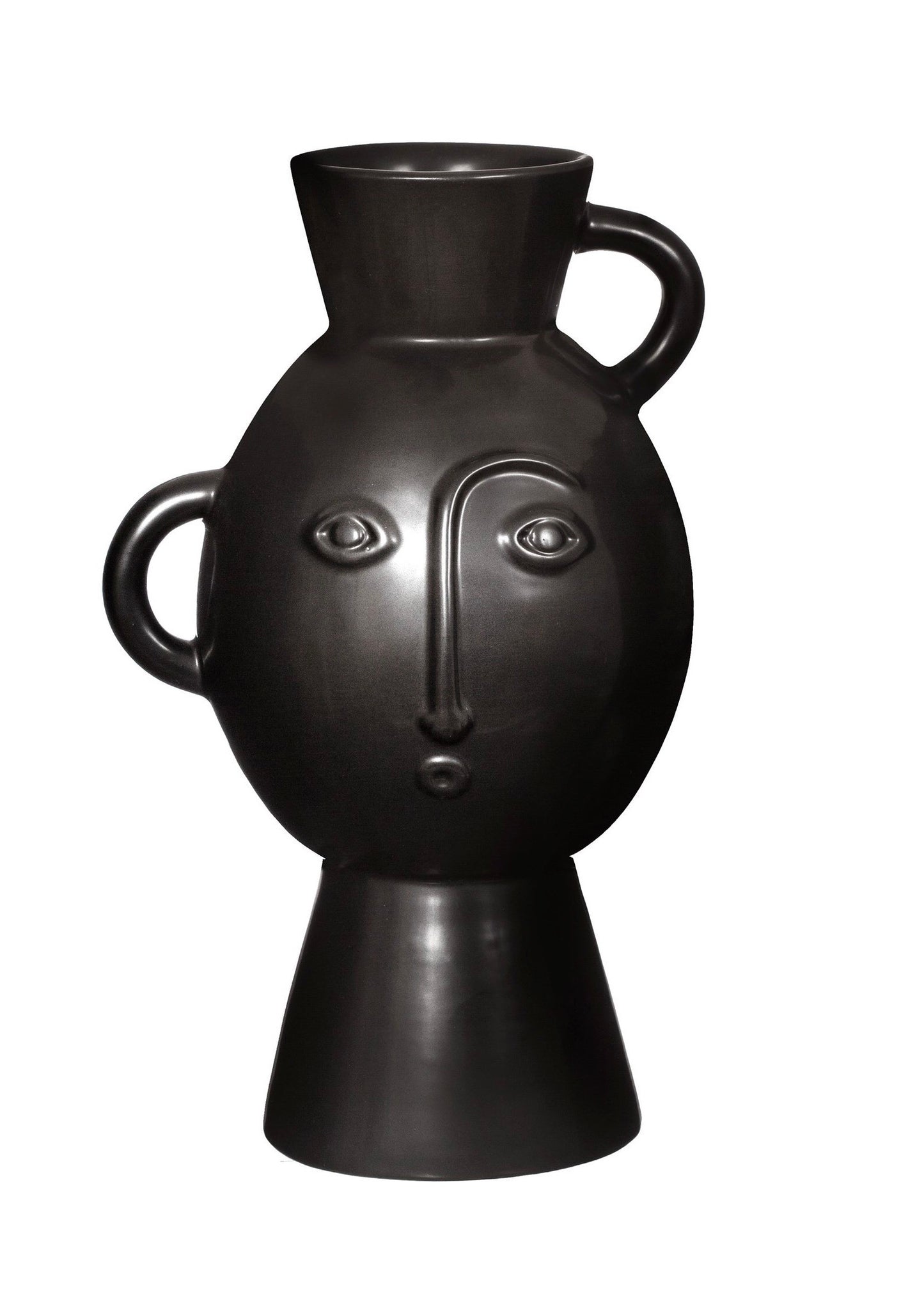 Matt black vase with handles and face details 