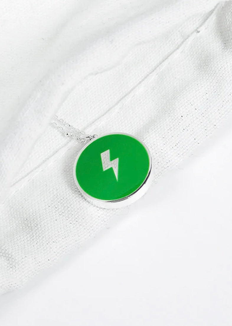 Green Silver Circular Lightning Bolt Pendant Necklace