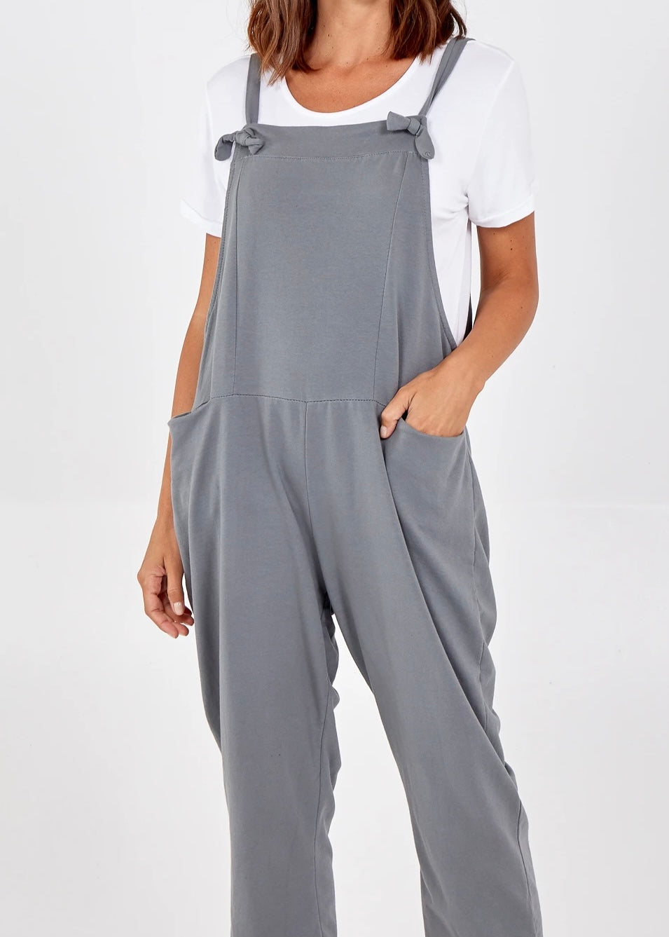 Plain jersey dungarees with tie straps in mid grey