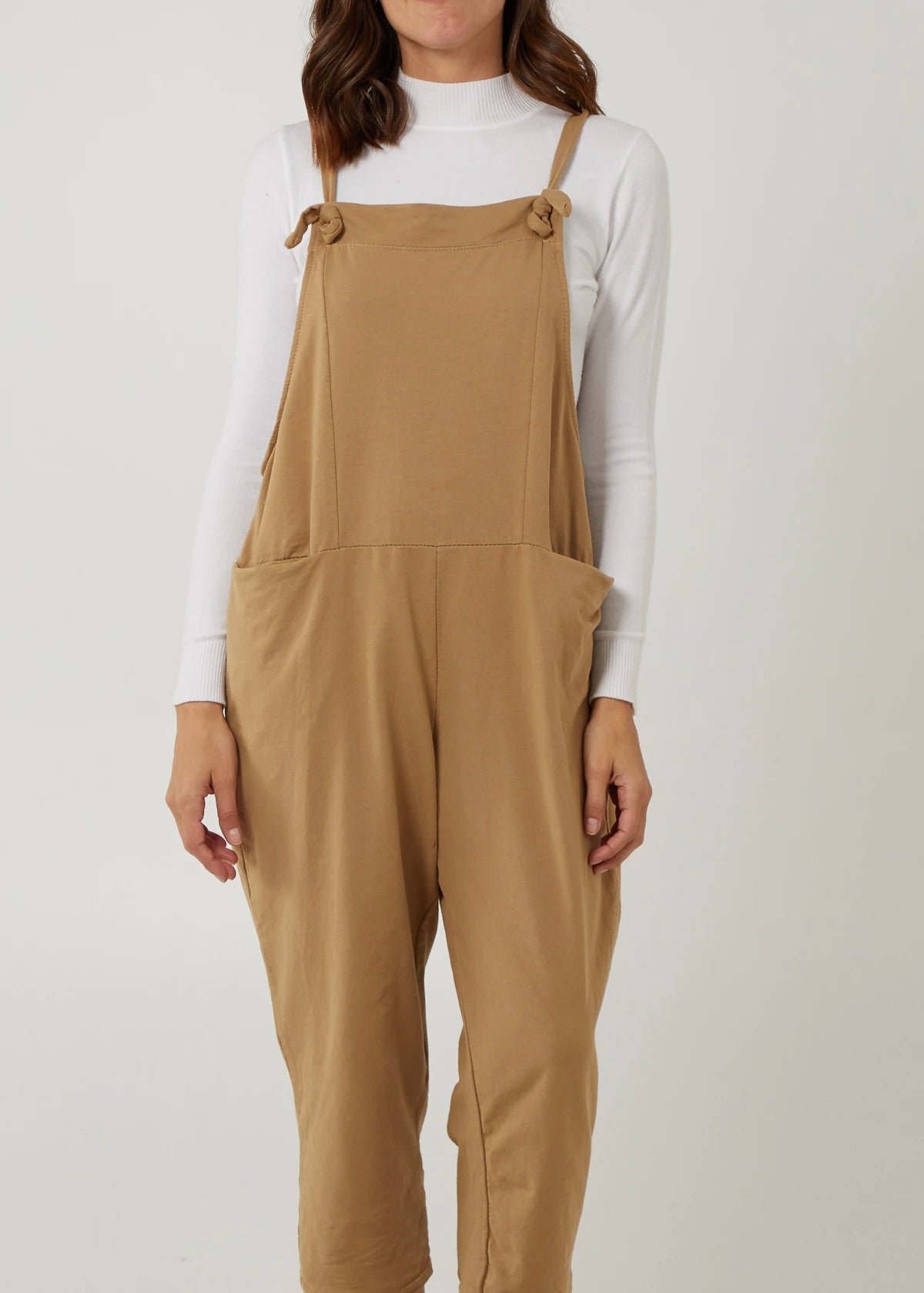 Plain jersey dungarees with tie straps in Mustard