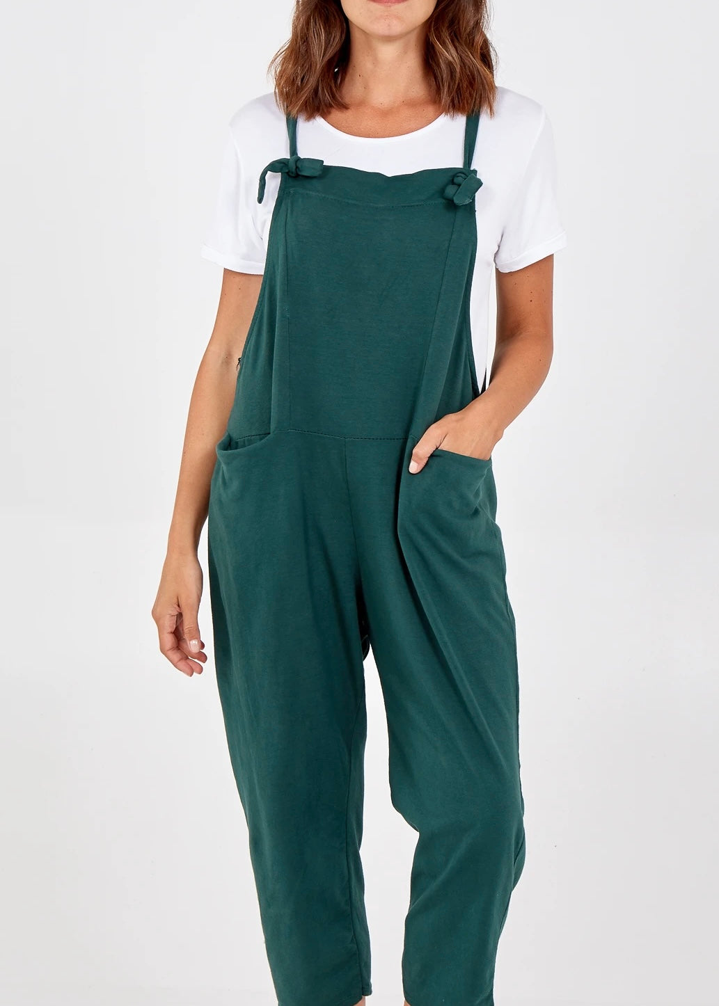 Plain jersey dungarees with tie straps in green
