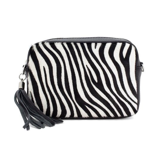 White Zebra Print Italian Leather Camera Bag