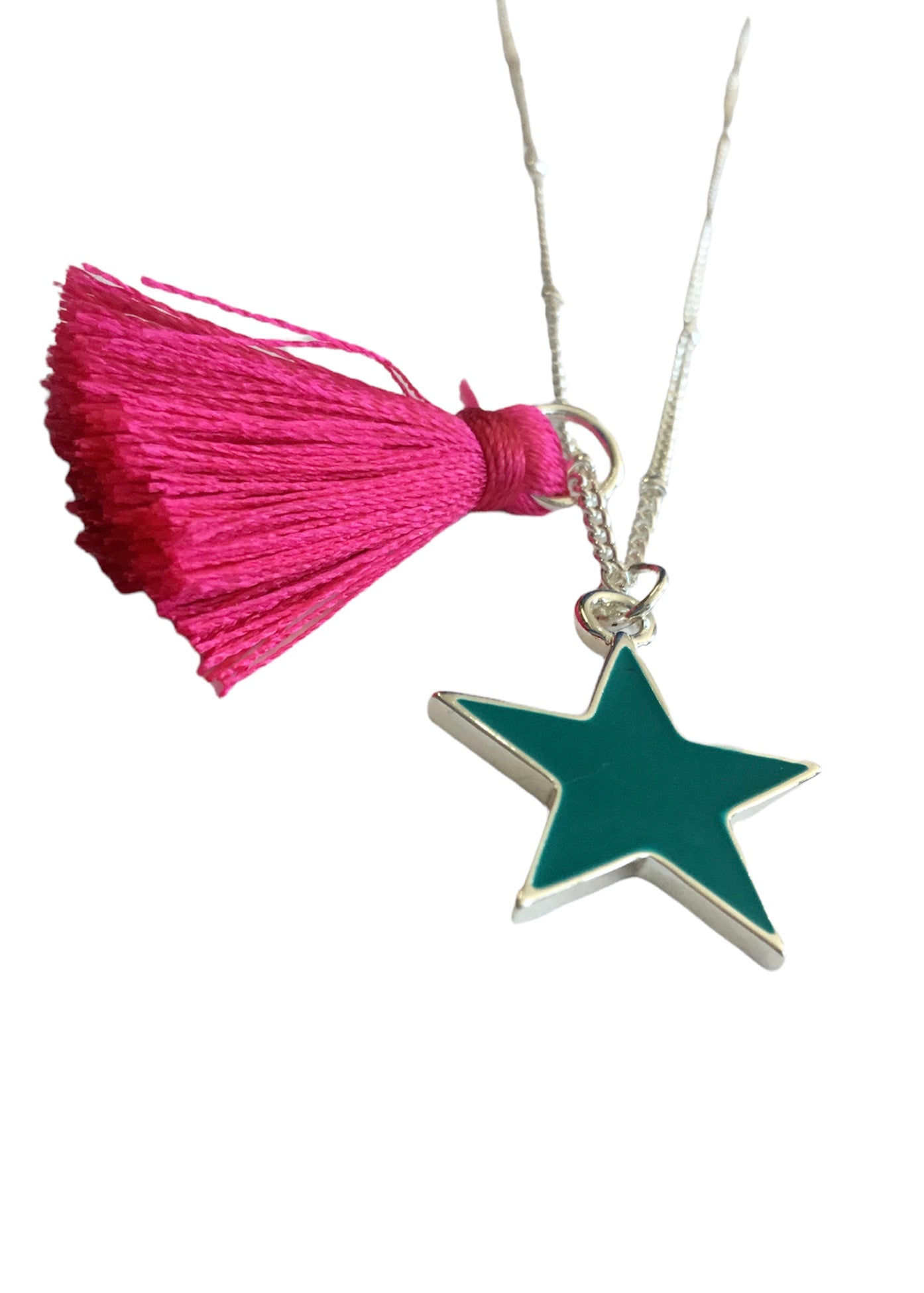 Silver plated Fuchsia Tassel Necklace with Turquoise Star
