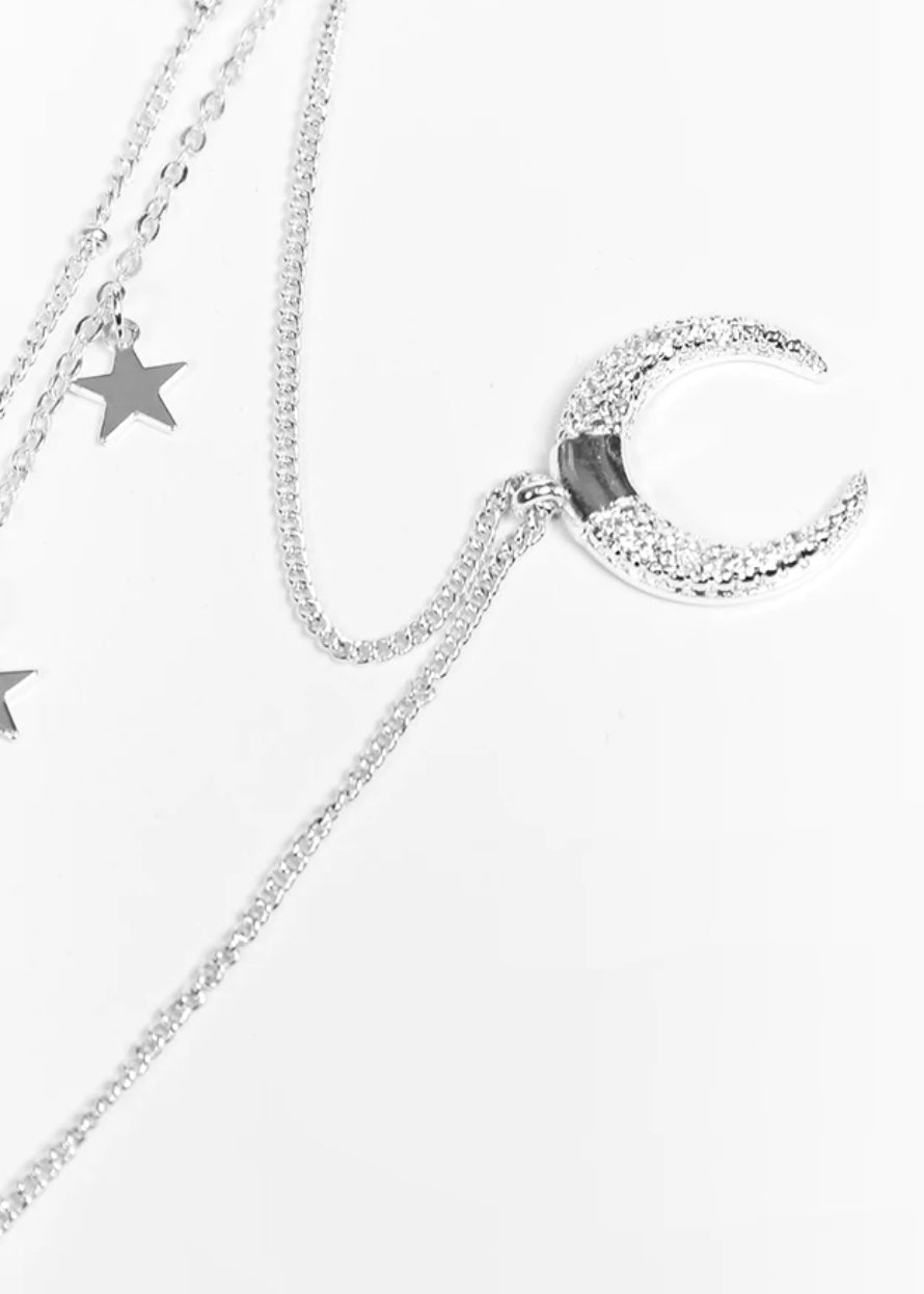 Sands Silver 3 Layered Necklace with Star and Crescent Moon Pendant