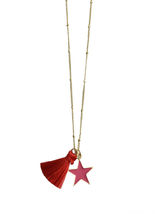 Gold plated Red Tassel Necklace with Fuchsia Pink Star