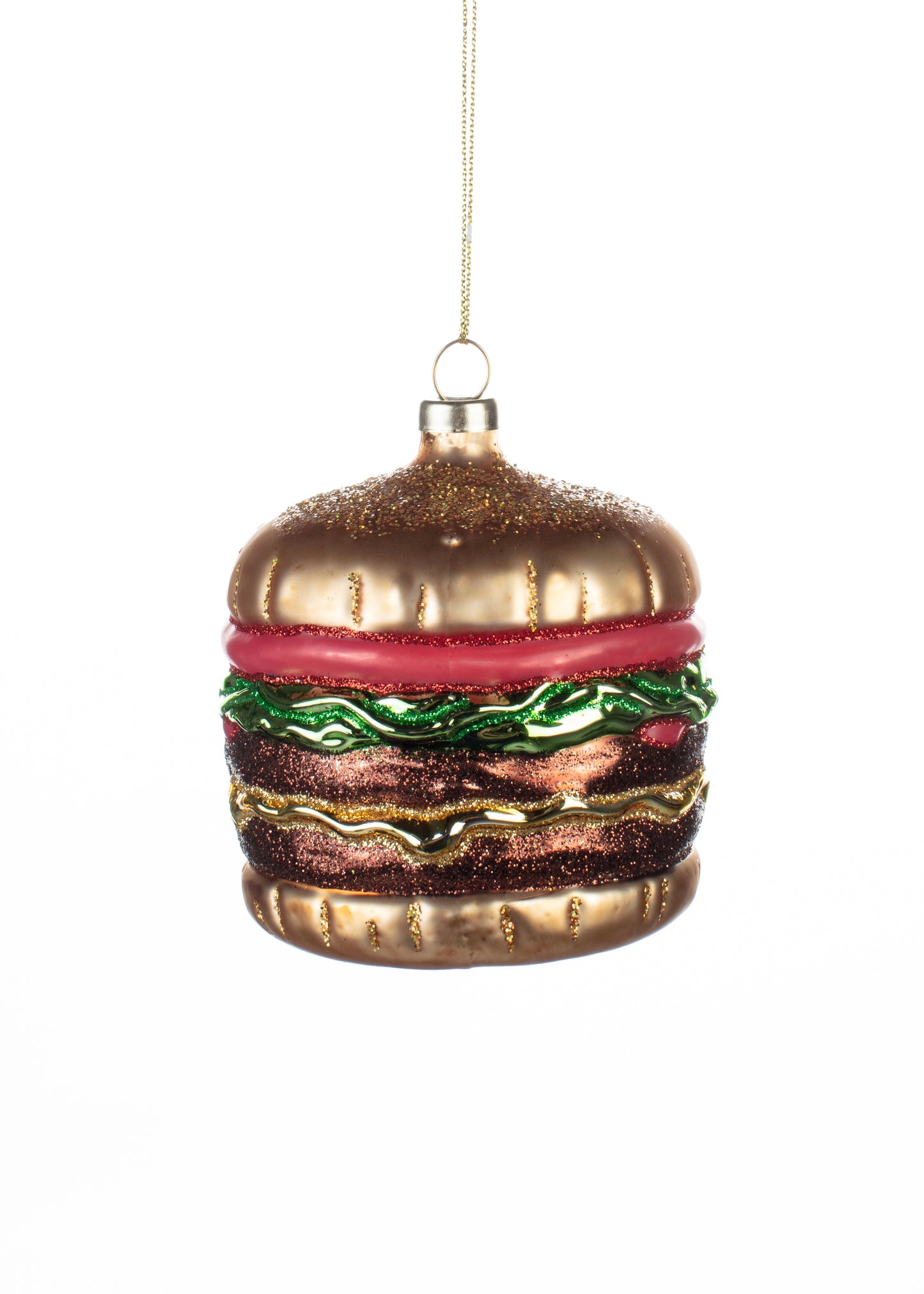 Burger bauble with patties lettuce and tomato in gold with glitter