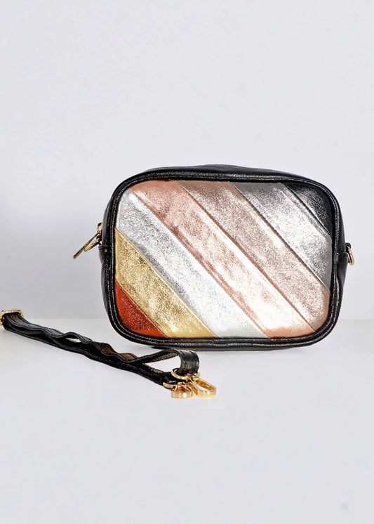 Metallic Striped Italian Leather Camera Bag
