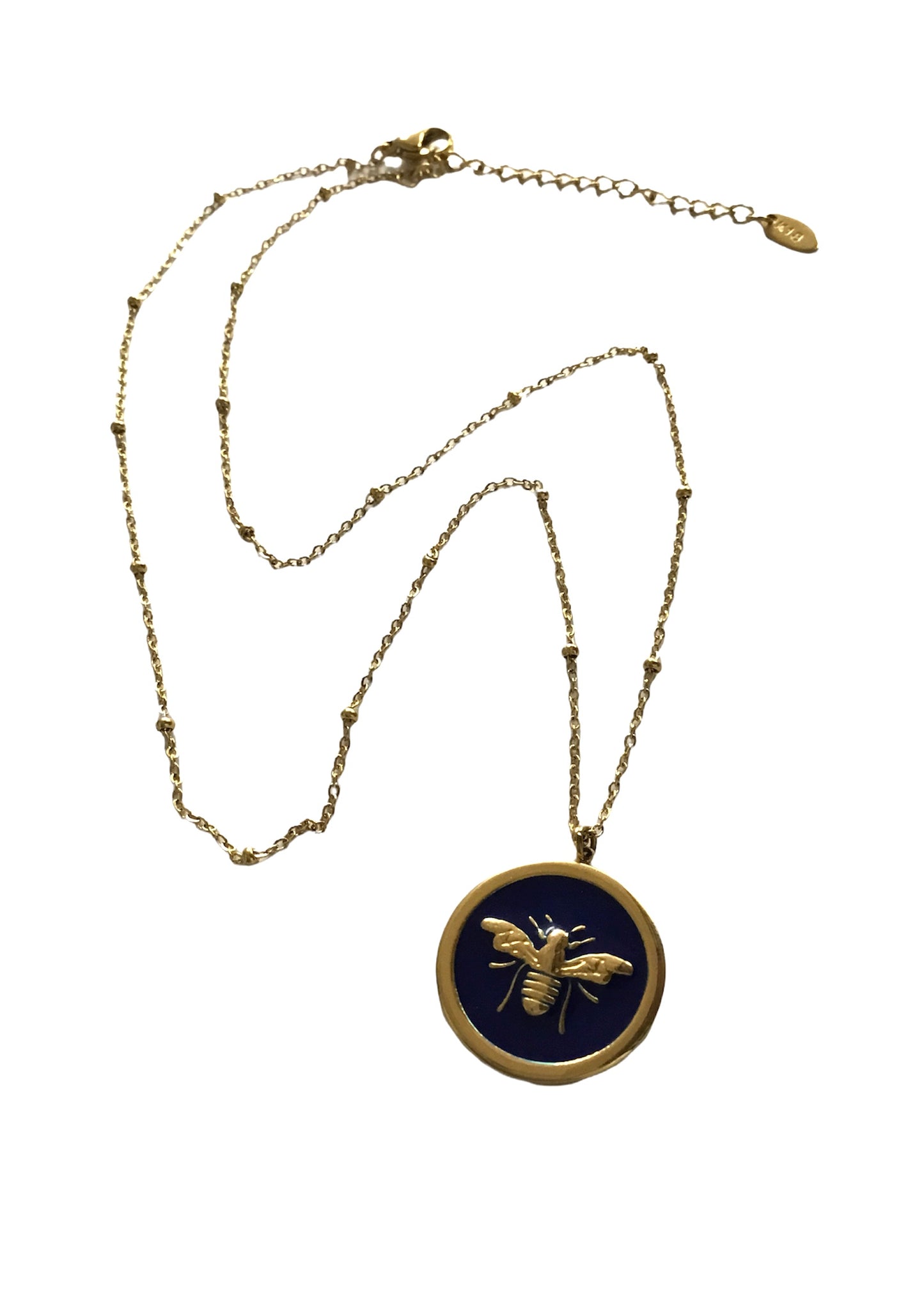 Navy Gold Circular Bee Pendant Necklace