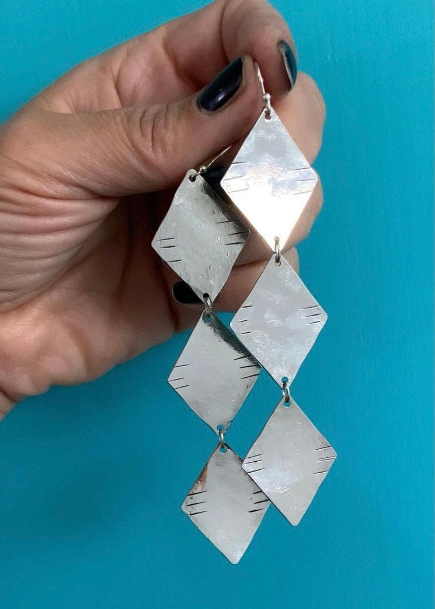 Stuff Made From Things - Long Triple Tribal Diamonds Cascade in Silver Tone