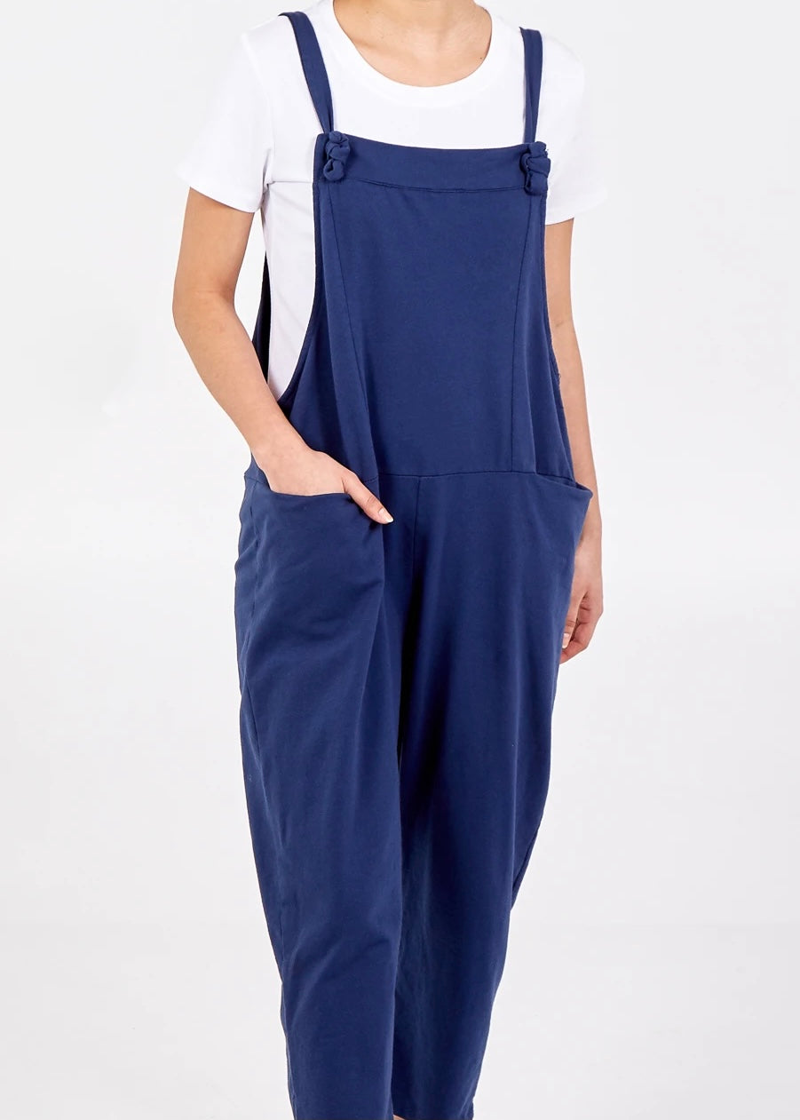 Plain jersey dungarees with tie straps in Navy