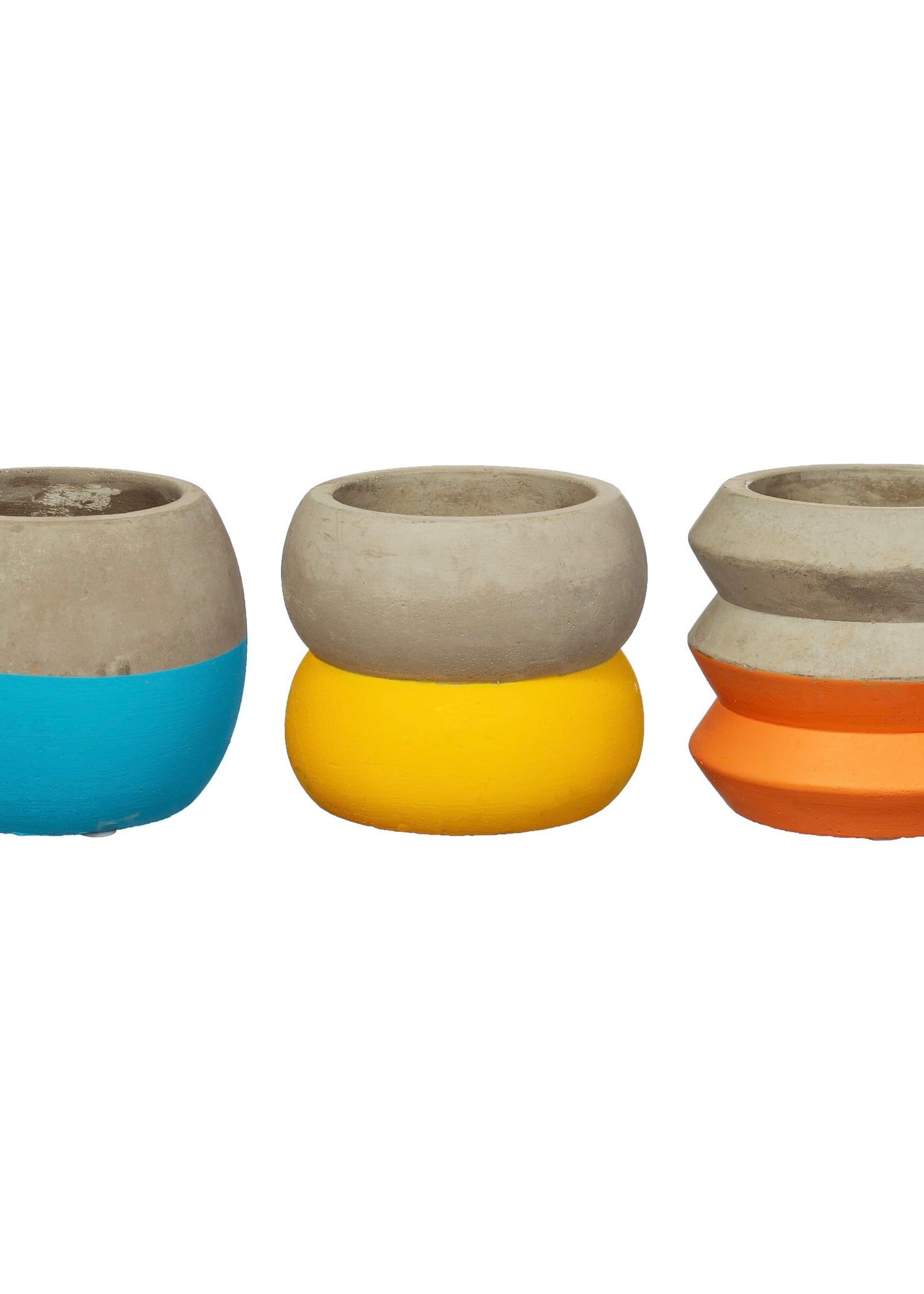 Cement planter with half colour blocked in blue orange and yellow 