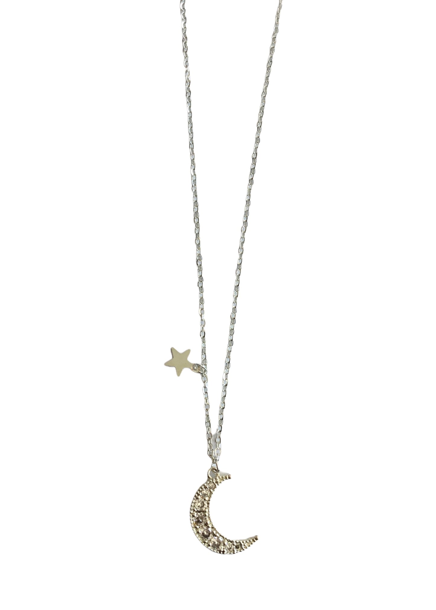 Silver Crescent Moon Charm Necklace with Small Star Pendant