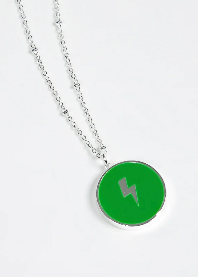 Green Silver Circular Lightning Bolt Pendant Necklace